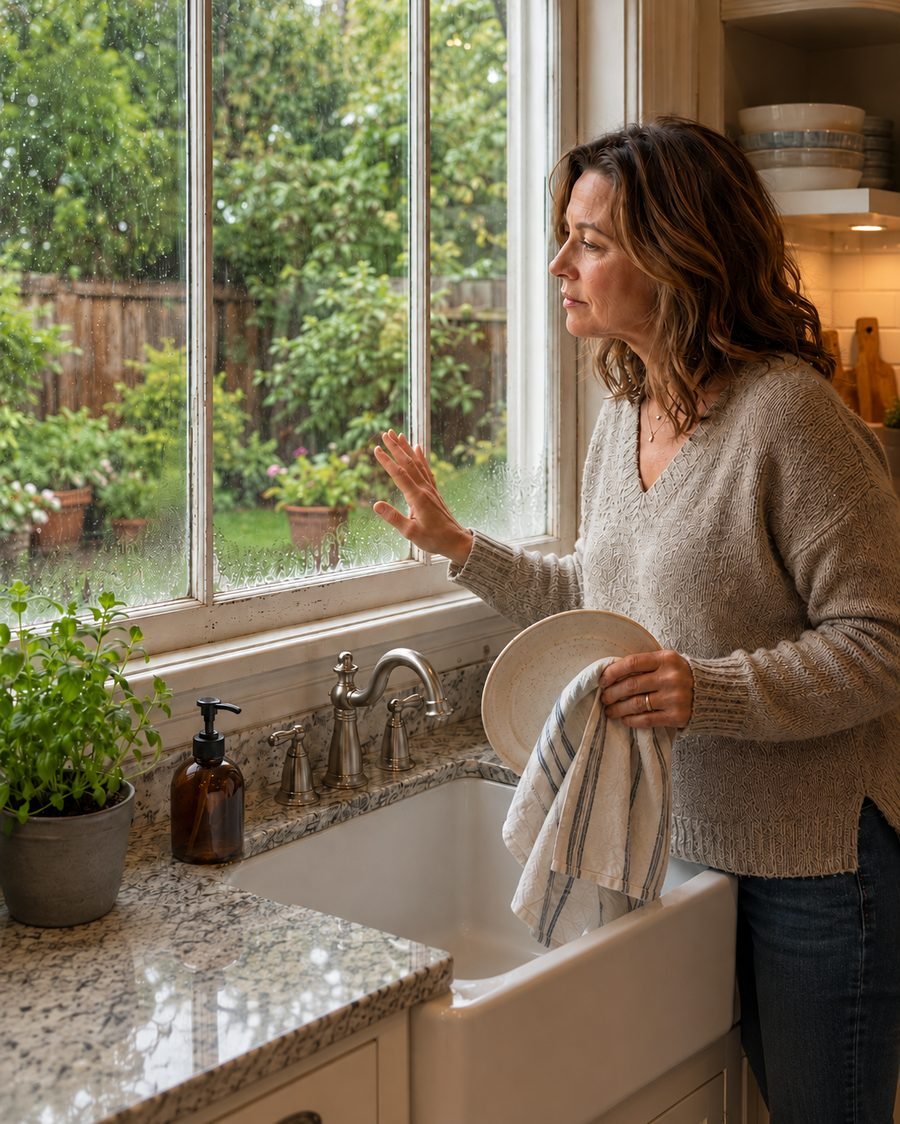 Homeowner looking at her drafty kitchen window